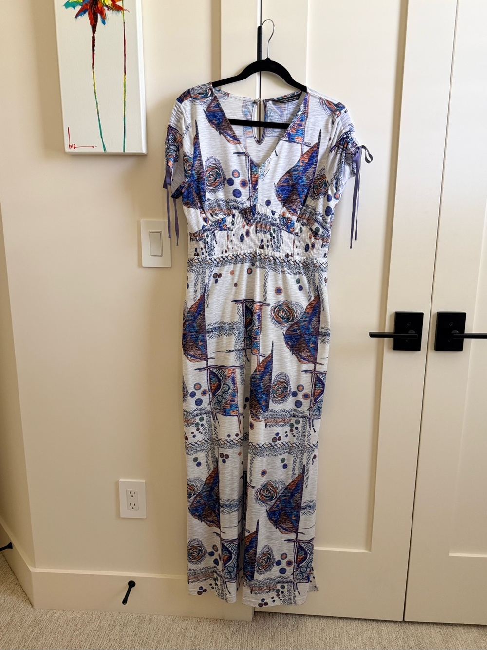 Abstract Blue Patterned V-Neck Maxi Dress